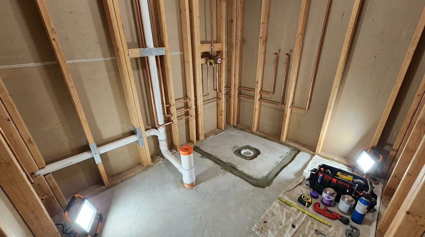 Bathroom rough-in plumbing during remodel by Johns Plumbing LLC in Emeryville