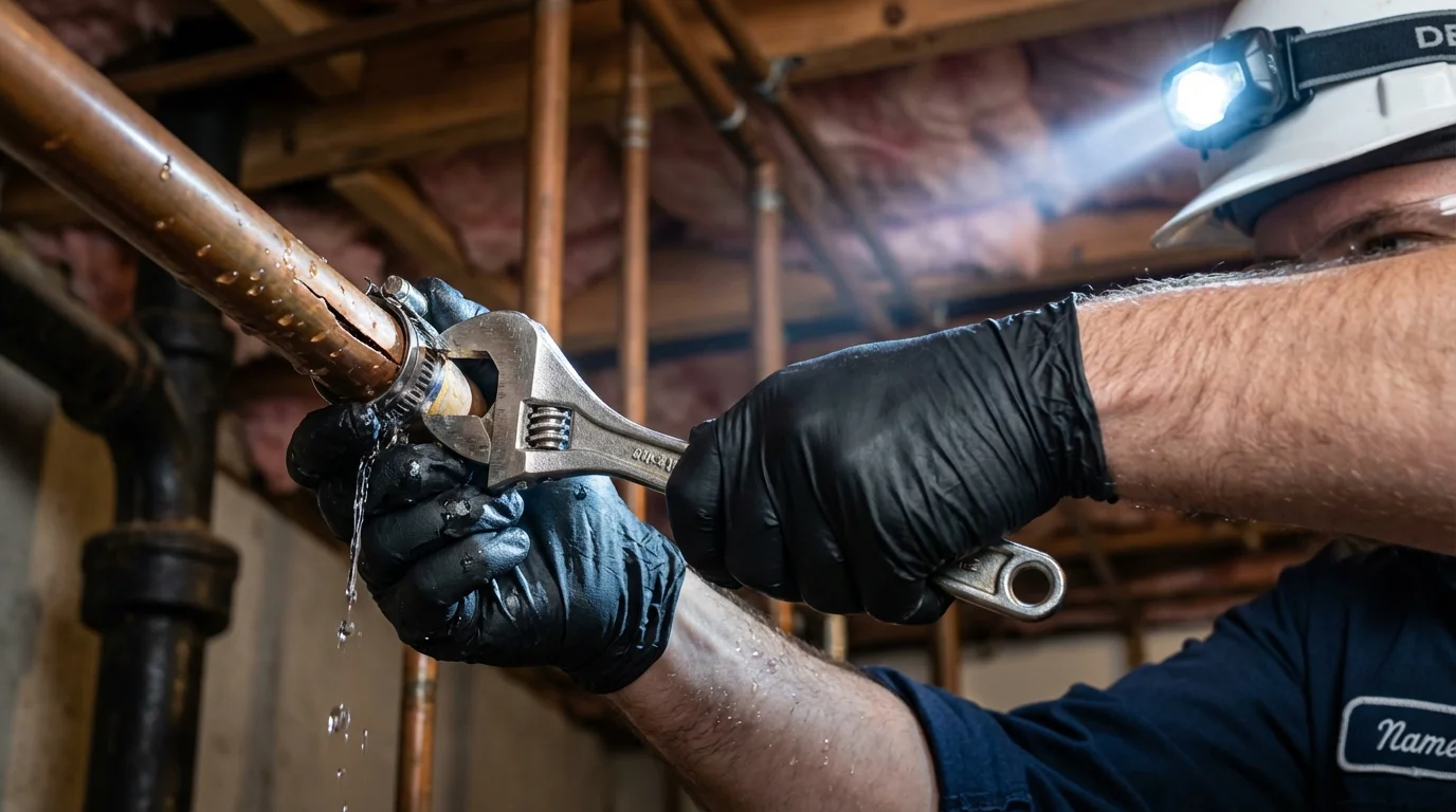 Emergency pipe clamp repair being performed by a Johns Plumbing LLC plumber in Emeryville