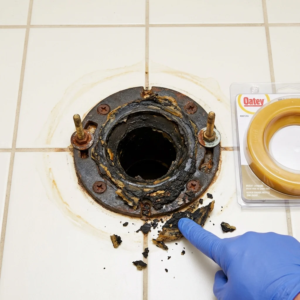 Failed wax ring showing water seepage at the base of a toilet in a Emeryville, CA home