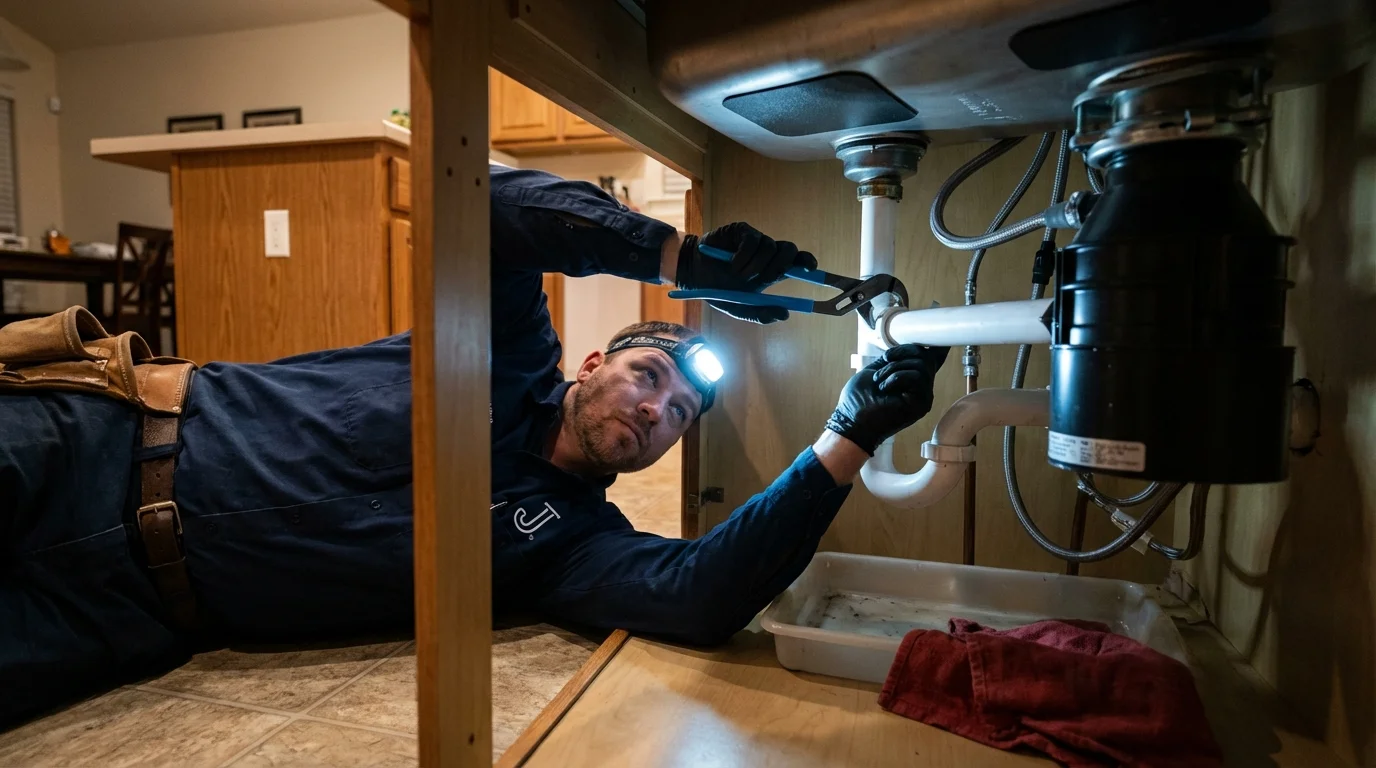 P-trap and supply line connections under a kitchen sink showing a common leak point in Emeryville, CA